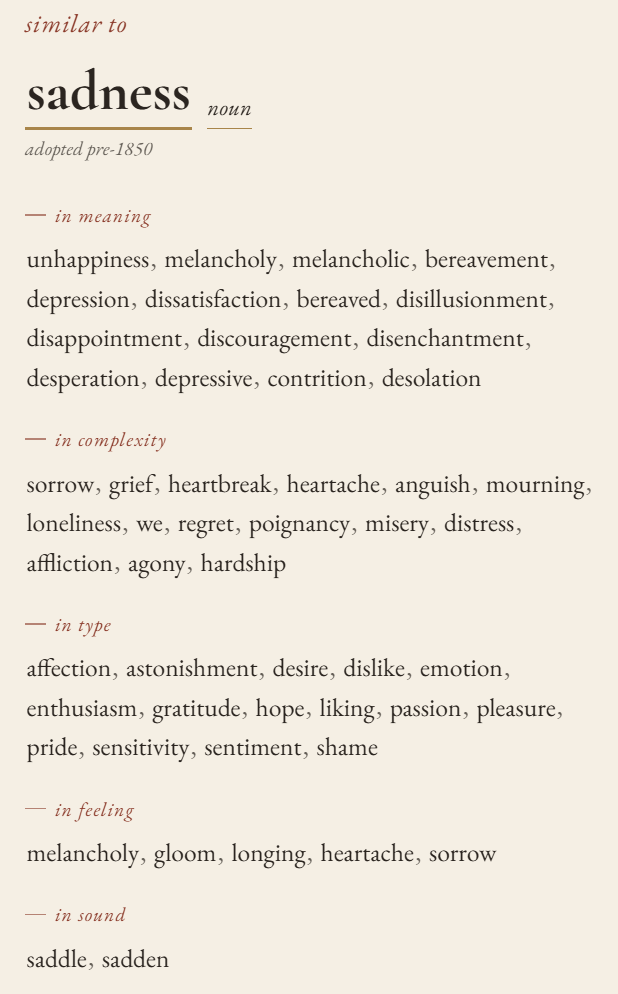 The Wurding panel for the word sadness, showing five lists of neighbors: in meaning, in complexity, in type, in feeling and in sound