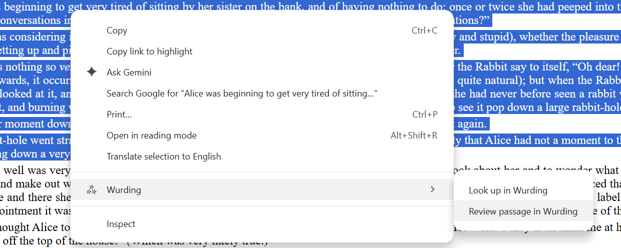 The right-click menu on a highlighted word, showing Look up in Wurding and Review passage in Wurding