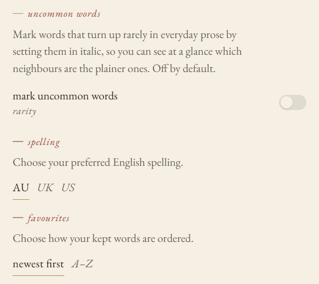 The settings overlay, second half: spelling, uncommon-word marking and favorites order