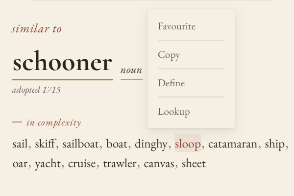 The word menu: Copy, Define, Lookup, Favorite